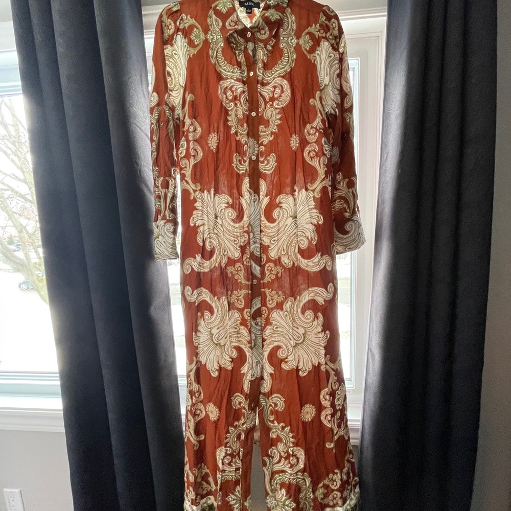 MSK Patterned Brown and Cream Long Shirtdress
